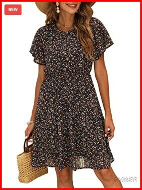 Women's Chiffon Floral Summer Dress Knee Length Flutter Sleeve